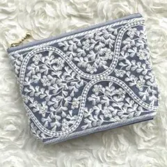 インド刺繍リボン　ポーチ　14cmファスナー　ブルー　フェイクレザー