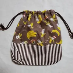 ネコ×バナナ柄(ブラウン)の巾着袋