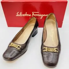 サルヴァトーレフェラガモ ガンチーニ 【4.5C】 茶 レザー クロコ スクエア
