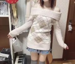 Pink Mix アーガイル柄 ニット オフショル ピンク 【ニットのみの販売】
