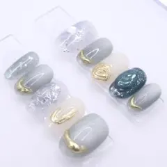 【482】ネイルチップMサイズ グレー 青 水色 立体 ニュアンス マグネット