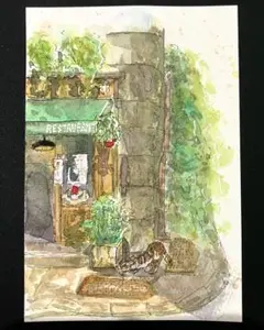猫　水彩画 『お気に入りのレストラン』 #003