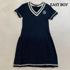 ⑭イーストボーイニット半袖ワンピースプリーツスカート刺繍ロゴネイビーＭひざ丈
