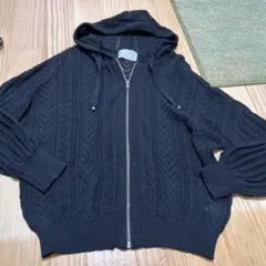 ノアールレーベル黒い編み模様のフード付きカーディガン