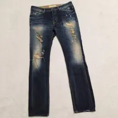 90s GUESS ヴィンテージ ダメージ ストレート デニム【XL】濃紺
