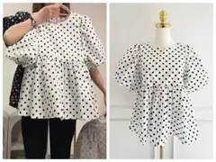 新品未使用 バルーンスリーブペプラムブラウス パフスリーブ ドット柄 オフ