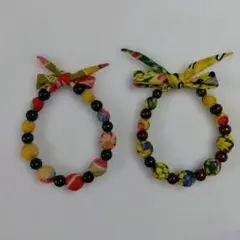 ウッドビーズとシルクリボンのチョーカー　2点　ハンドメイド