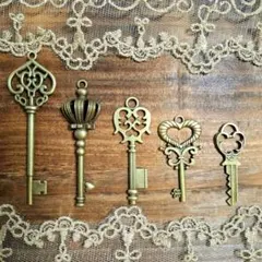アンティーク調 鍵モチーフチャーム 5点セット 真鍮風 パーツ 素材