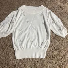 花柄刺繍 ホワイト 半袖ニット Fサイズ