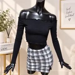 SHEIN セットアップ XS オフショル 黒トップス チェックミニスカ 新品