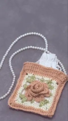 【一点物】花モチーフバッグ 編み物 巾着ショルダー