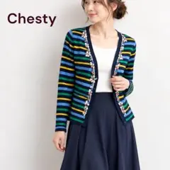 【チェスティ⭐️F】Chesty 長袖ニットカーディガン ビジュー付き ボーダー