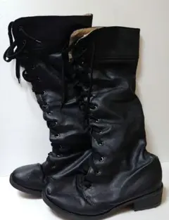 ブラックレザー ロングブーツ レースアップ コスプレ