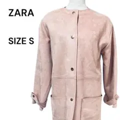 ZARA ピンク ノーカラーコート サイズS フェイクスエード ベルト付き