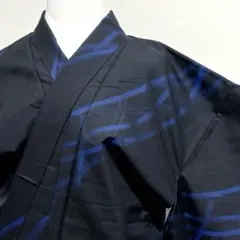 未着用　小紋　大島紬　藍染　竹　黒地　青　籠目　着物　032k