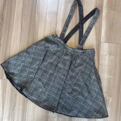 メゾピアノ140cmチェック柄かわいい山道なみなみ付きサスペンダースカートピンク