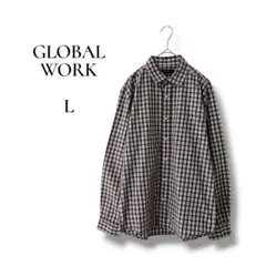 GLOBAL WORK メンズ　長袖チェックシャツ　赤系　Lサイズ　コットン