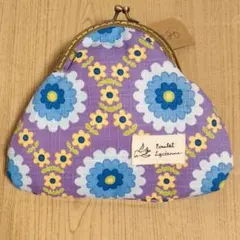 ハンドメイド がま口 ポーチ 青 紫 水色 水玉 ドット柄 花柄