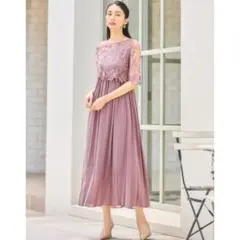 【ラスト1点】新品 ドレスプラス S ラベンダー 花柄レース プリーツ ミモレ丈