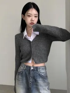 SHEIN グレーカーディガン ニット クロップド丈