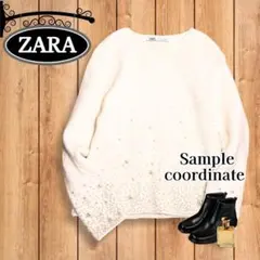 【ZARA】パール付きニット セーター 白 アルパカ混素材 XL ホワイト 長袖