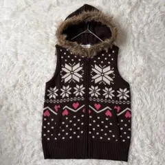 コルザ　ファー付きフルジップニットベストL　ブラウン　ノルディック柄◆A1080