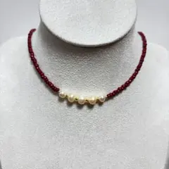 10. ハンドメイド 赤いビーズ ピンク淡水パール ネックレス