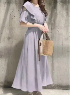 GRL ショルダーオープンフリル楊柳シフォンフレアワンピース　tw1072