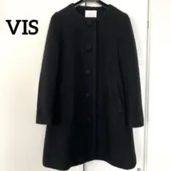 VISウール混ノーカラーAラインコートブラックＭサイズ