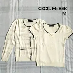CECIL McBEE ボーダー アンサンブル パール カーディガン 白 M