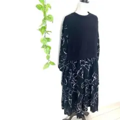 ラジェム✨裏起毛 ドッキングロングワンピース ブラック系 M 総柄 切替 上品