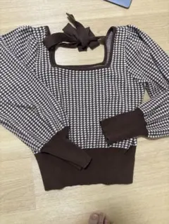 ブラウン チェック柄 パフスリーブ ニット