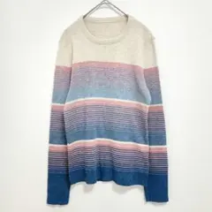 美品 US古着 クルーネックニット 長袖 ベージュ×青×ピンク ボーダー M相当