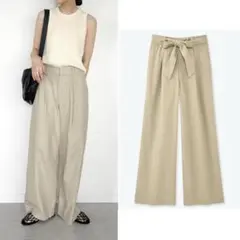 UNIQLO リネン コットン ベルト ワイド パンツ ベージュ S 洗える