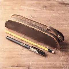 ブラウンレザー 筆箱 ファスナー付き ペンケース 本革