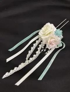 髪飾り　かんざし　新品　薔薇　ピンク　つまみ細工　パール　リボン　②