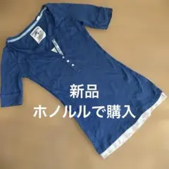 新品　青カットソーボタン付き半袖Tシャツ