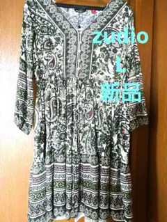 ○新品zudio 七分袖 総柄チュニックティアードワンピース アジアン インド製