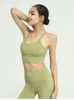 【新品未使用】グリーン 葉柄デザイン ピラティス ヨガ スポーツブラ トップス