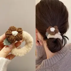 新品　毛糸 花モチーフ ファー ヘアゴム ブラウン