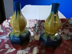 古い九谷の 青と黄色の八角形花瓶2個セット