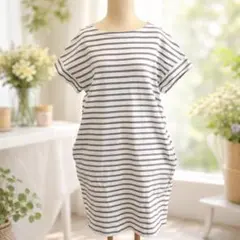 美品♡オーシバル ボートネック　半袖　ボーダー　ワンピース　チュニック　グレー