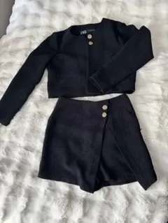 ZARA ブラック ノーカラーツイードジャケット　キュロットスカートセット