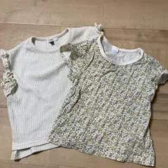 女の子フリル付きホワイトTシャツと花柄Tシャツセット