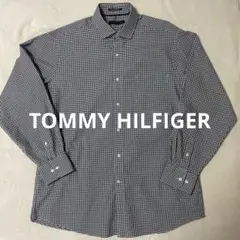 トミーヒルフィガー ギンガムチェックシャツ 大きめLネイビー 長袖 ストレッチ