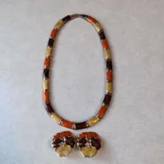 ネックレス+イヤリング　 オレンジ 茶色 金色　ヴィンテージ