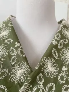 半衿　3577 刺繍半衿オリーブグリーン ステッチ刺繍 ジグザグ 着物　浴衣