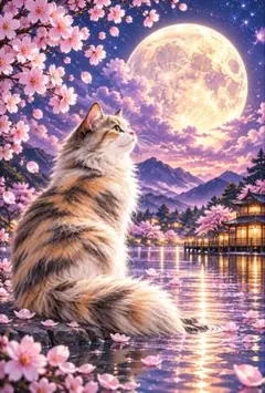 月と猫の和風ファンタジー　イラスト　ねこ　ネコ　デジタルアート　猫　D642