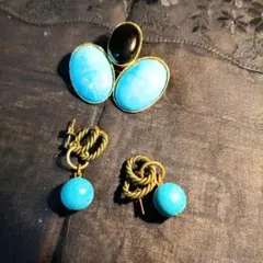 ブローチ ピアス セット ターコイズ風 ゴールド