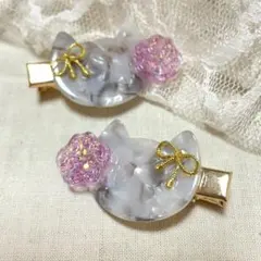 猫 ヘアクリップ ハンドメイド グレー　マーブル 肉球 リボン 2個セット